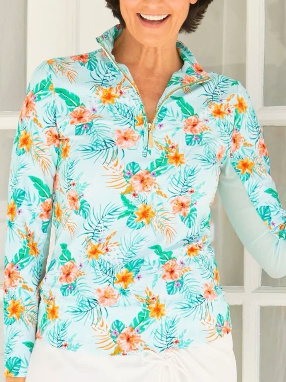 Cabana Life Cayman Tropical Floral Wicking Performance 1/4 Zip UPF 50+ Top